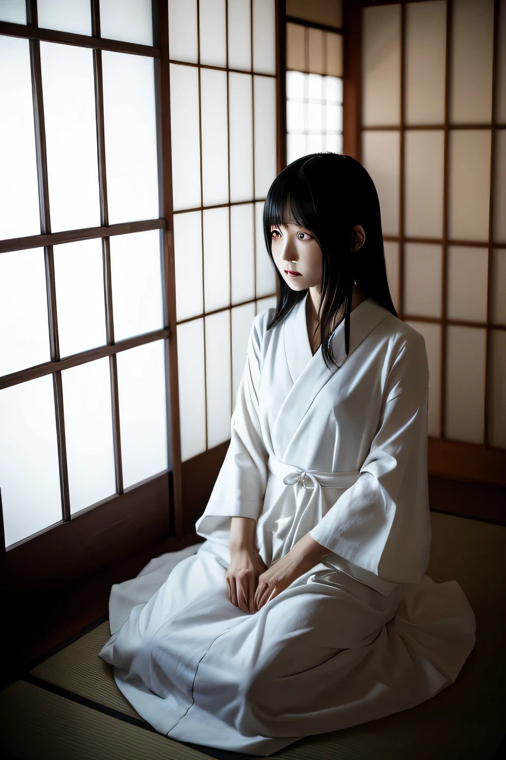 Japanese Horror,Black Hair,crawl forward,White dress,Japanese-style room,dark,scared,Black eyes,Sadako