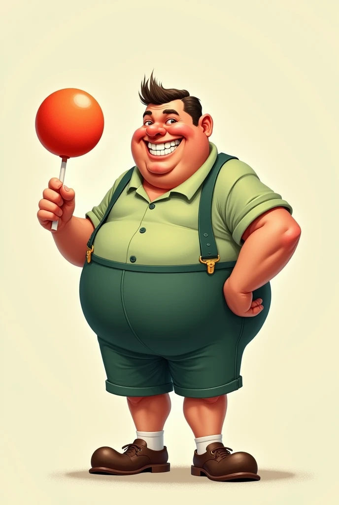 A fat man with a light green shirt and dark green suspenders on top, wearing green shorts too.
The man is holding a round lollipop in his hand and has prominent upper teeth.. Her hair is slicked to the side