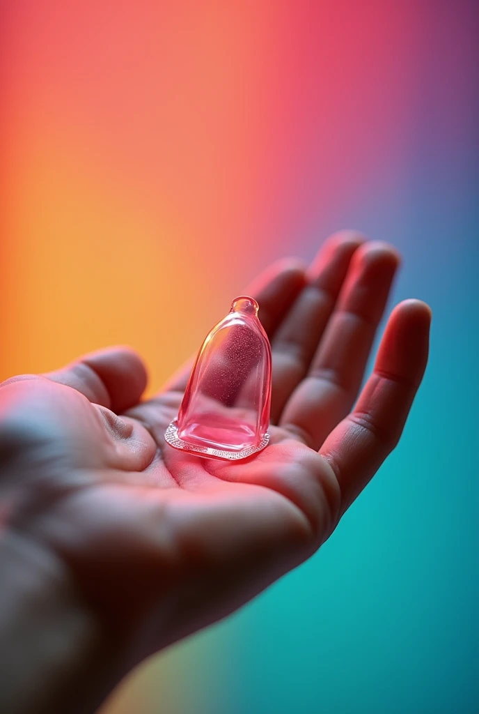 A hand extending a condom, with a colorful and vibrant background. The condom can have a modern and eye-catching design, symbolizing protection and prevention.