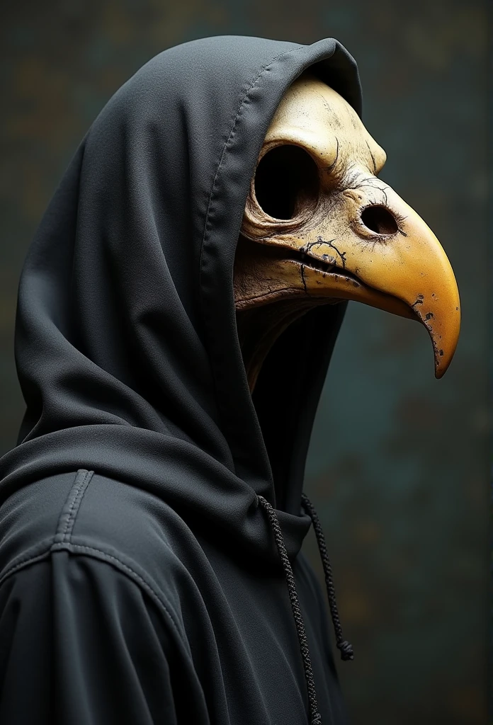 Person wearing bird skull with a hood on creepy realistic bust shot side view