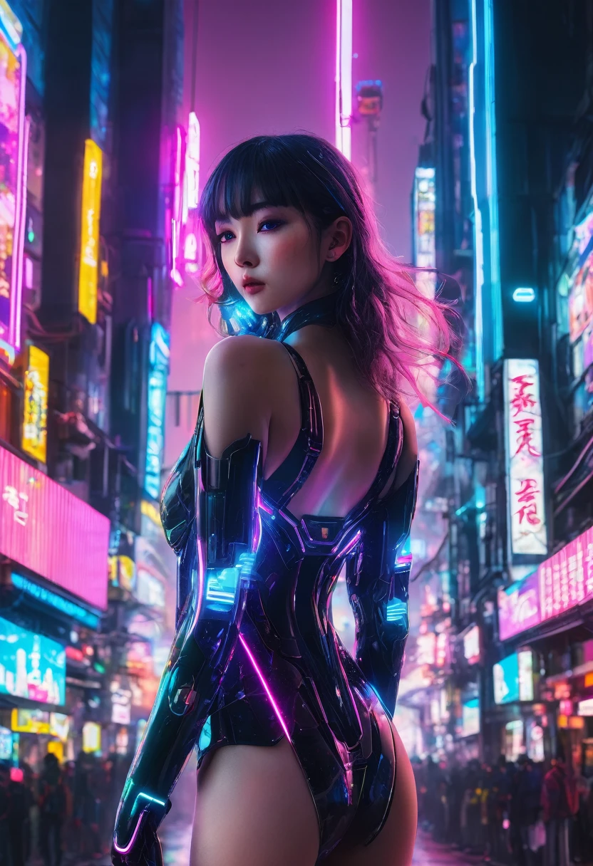 High resolution、８ｋ、One beautiful girl、Japanese、Future World、Cyberpunk City、Bodysuits、Colorful glowing neon、