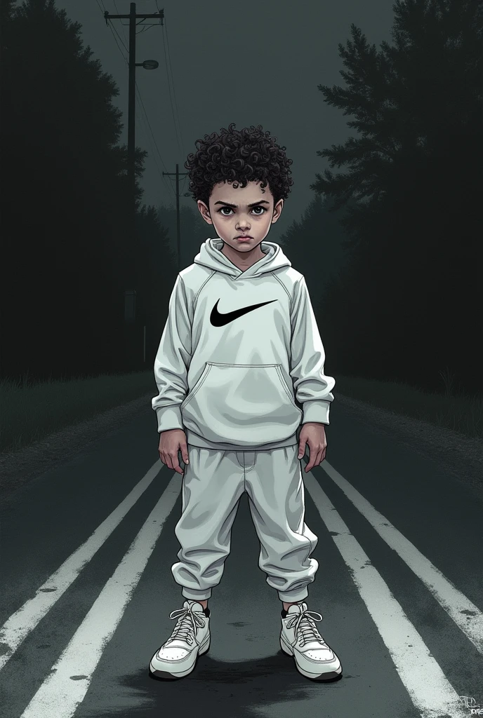 A boy with short curly hair 1,73 altar white Nike clothes dark road background style drawing evil face