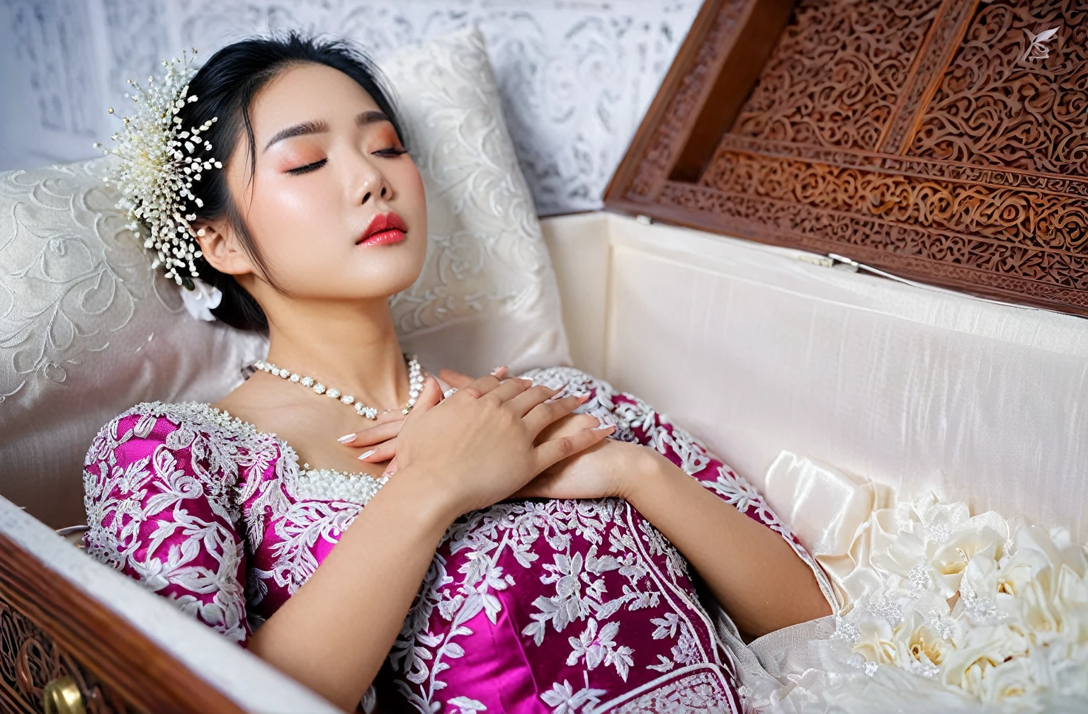 In a striking 8K HDR scene, a stunning Korean woman, 22 years old, lies peacefully in a long coffin and coffin lid beside the dead body. surrounded by plush pillows behind head. The deep box is set against a rich white background, accentuating the beauty of the subject. Her exquisite deep-V neckline kebaya attire is embroidered with superb detail, showcasing her round and firm breasts, perfect cleavage, and beautiful eyebrows. Her closed eyes and mouth give an air of serenity, while her visible and absolute cleavage leave nothing to imagination. The scene is bathed in saturated colors, highlighting every intricate aspect from the ball skirt to her clean face, straight body, detailed hand perfect hands, straight body, own hands together, own hand on stomach, detailed hands, perfect hands, holding the flowers