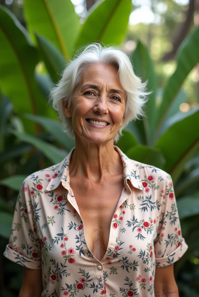 A beautiful, youthful-looking senior Brazilian woman in a lush tropical garden, wearing an open shirt with a floral print, with a close-up capturing the harmonious beauty between her breasts and the natural flowers, showing off your natural charm and outgoing personality.