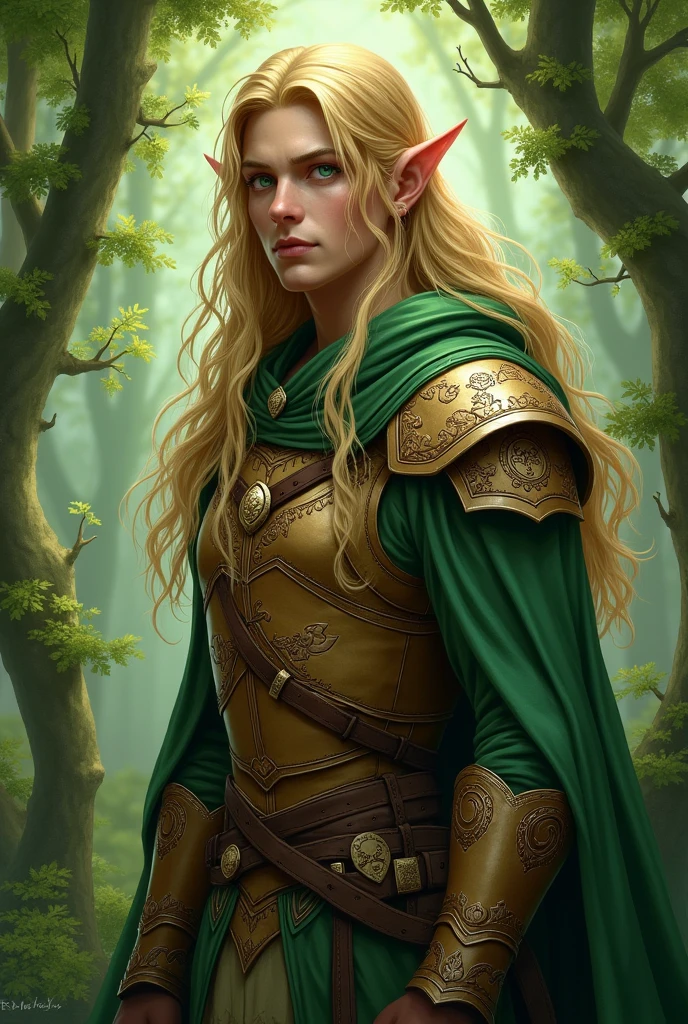 Aric is an elf of average height with light green skin and long, golden hair.. He wears light leather armor., adorned with symbols of nature and a green cloak that blends into the forest environment. His eyes are a deep green, reflecting your connection to nature.
