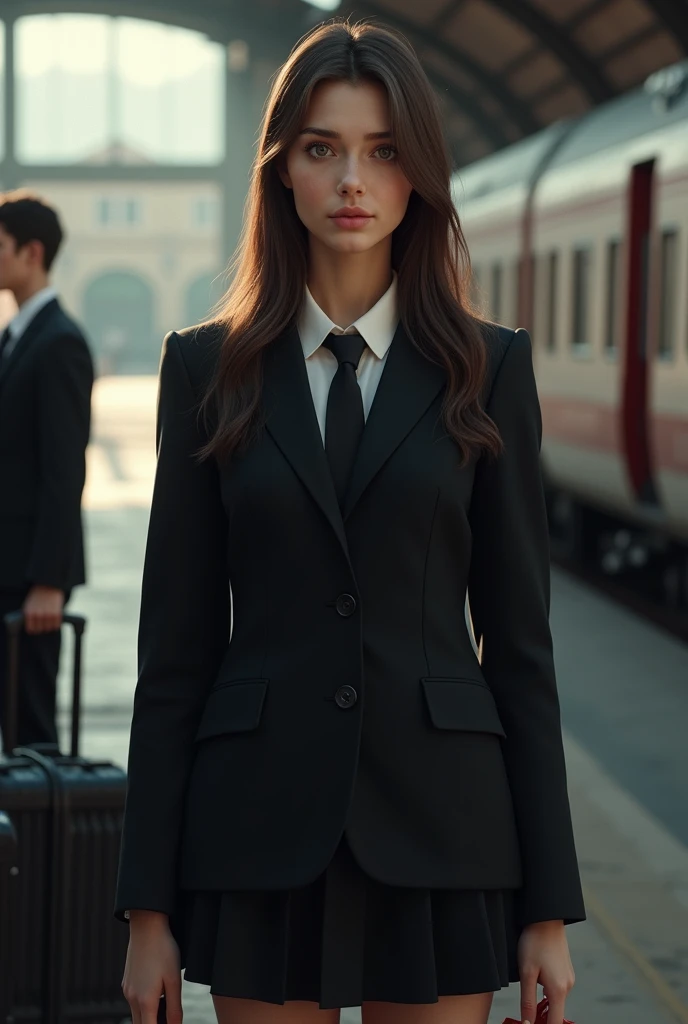 Image of a girl of Spanish origin (ultra realistic 1.4k) low, light eyes, 19 year old brown straight hair, Black school uniform with tie, Blazer y falda collegial. In the background a train with suitcases and a 20-year-old boy on the side, tall with black school uniform (movie image) 4k realistic image