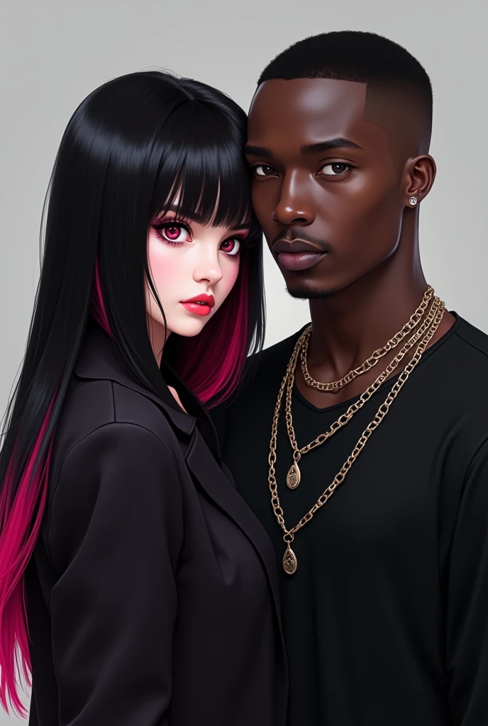 e-girl with a black coat, straight hair with a few strands of hair dyed a little pink, a little towards red, with the rest of her hair black, a little of that color on the bangs, and a dark-skinned man with short hair shaved on the side, with a thick cord, with a black blouse