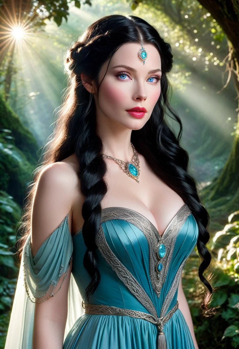 ARWEN (( THE LORD OF THE RINGS)), BEAUTIFUL BLACK HAIR WOMAN, HUGE LONG BLACK HAIR, VOLUMOUS HAIR, BRAIDED HAIR, EXPOSED TIP EARS, VERY PALE SKIN, TURCOISE BLUE EYES, EXPRESSIVE TURCOISE EYES, LOVELY FACE EXPRESSION, GORGEOUS LIPIS, SOFT LIPSTICK, ROSY CHEEKS, HIGH CHEEKBONES, MENTAL FORAMEN, STRAPLESS CLEAVAGE, FRONTAL ANGLE SHOT, LONG VICTORIAN DRESS, SILVER BRACELETS, SILVER CHOKE COLAR, FULL BODY PERSPECTIVE, DEEP FORREST BACKGROUND, DAYLIGHTS, STRONG BACKLIGHTS, SUN, MASTERPIECE