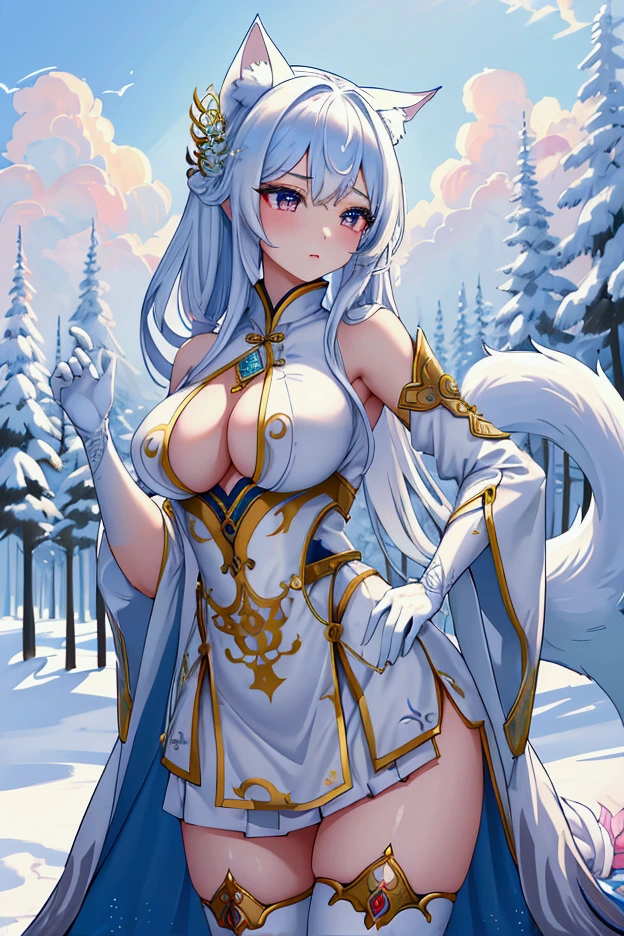 Highest quality, masterpiece, Ultra-high resolution, female、獣族のfemale王、Big Super Boobs、Tied waist、White skin、Snow Fox Beastman、Kemomimi、tail、single、Clothing that accentuates the contours of the body、Short skirt、valley、fascinate、Hands on hips、Confident