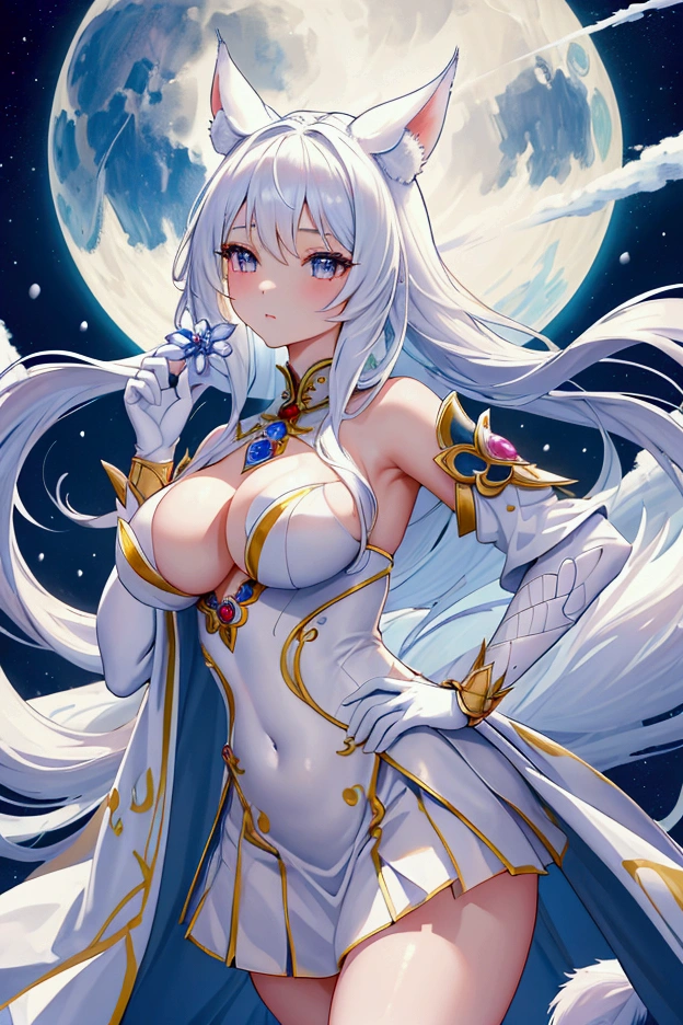 Highest quality, masterpiece, Ultra-high resolution, female、獣族のfemale王、Big Super Boobs、Tied waist、White skin、Snow Fox Beastman、Kemomimi、tail、single、Clothing that accentuates the contours of the body、Short skirt、valley、fascinate、Hands on hips、Confident