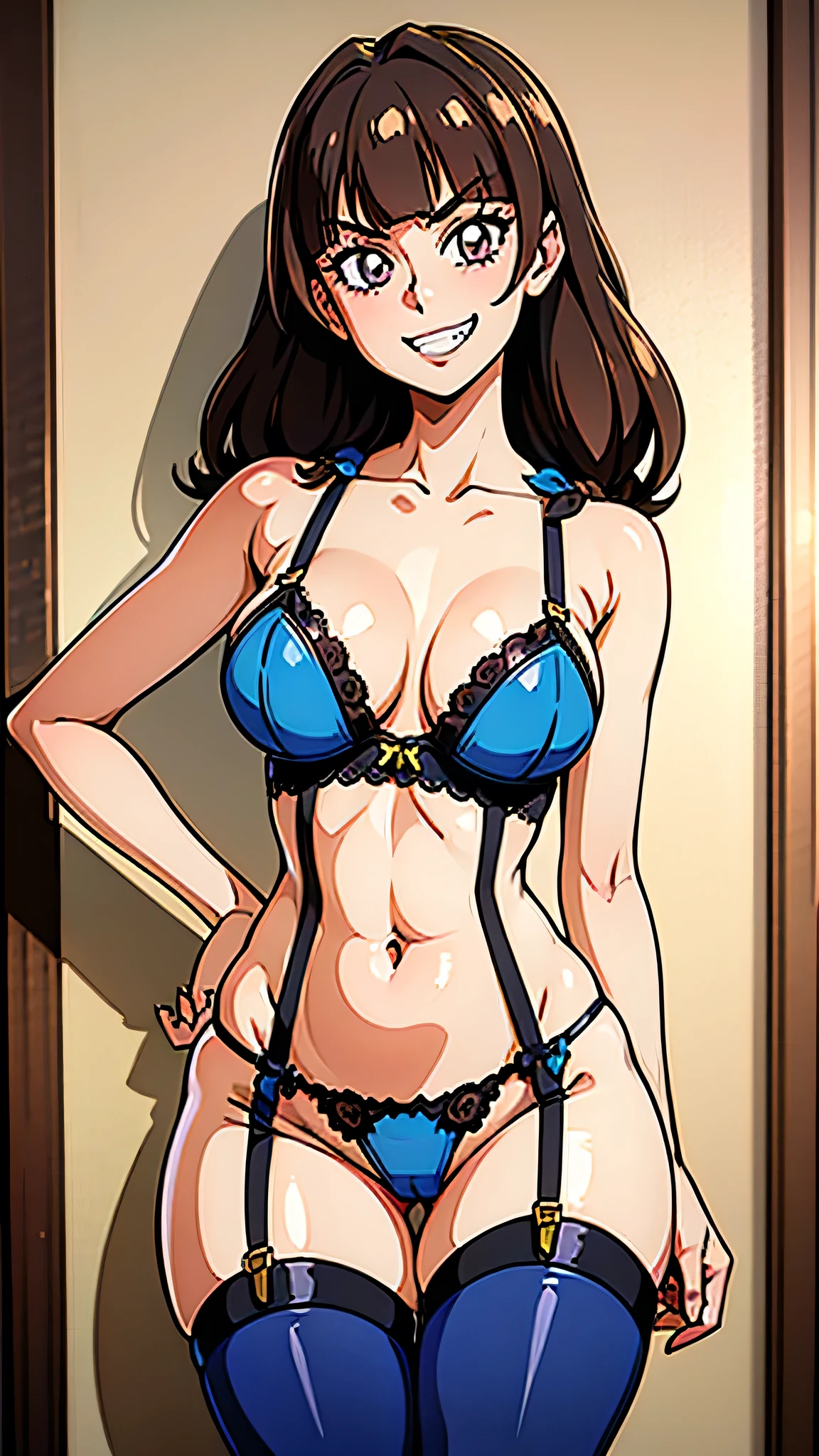 1 girl, (solo), ((amanogawaki)), best quality, highres, high quality, 8k, HD, super detail, anatomically correct, UHD, accurate, (masterpiece:1.2), (high quality:1.0), (ultra detailed), (Adult:1.2), (Smug Grin), edgHL_lingerie, wearing edgHL, Lingerie, Lace pattern, (Thick Hips:1.2), (Thick Thighs), Thick, Garter belt, Thigh high stocking 