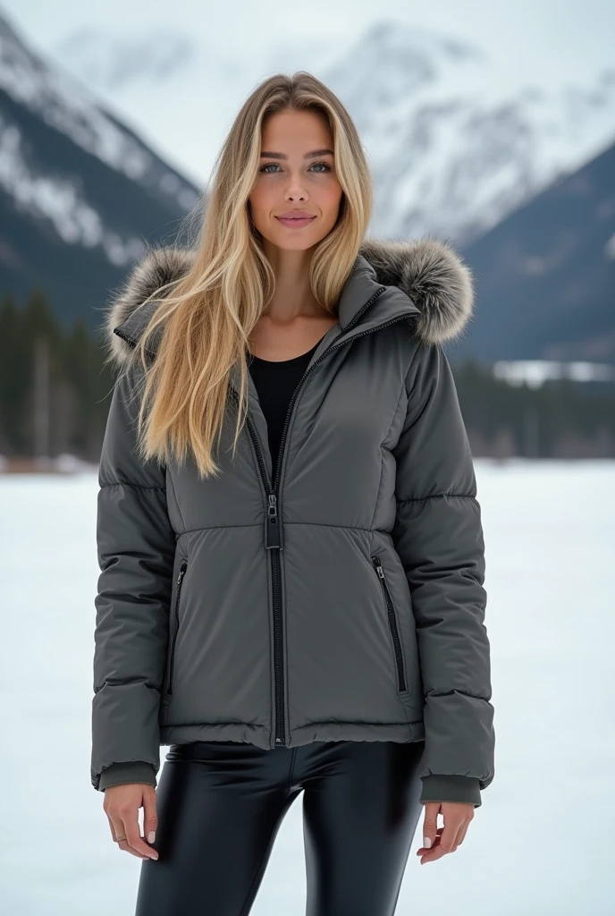 photorrealistic, best qualityer, hyper detailled, Beautiful blonde woman with natural blonde hair, (((Breasts huge))), perfect toned legs, photo taken by a professional, whole body, alone, vestindo legging wetlook , wearing puffer jacket, winter, plein-air, (giorno), Mountain landscape, (happy), textura da pele com 30G happy visível sob a roupa, film grain, close up, ultra high resolution, best shade, CRU, instagram LUT