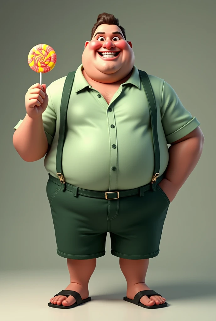 A fat man with a light green shirt and dark green suspenders on top, wearing green shorts too.
The man is holding a round lollipop in his hand and has prominent upper teeth.. Her hair is slicked to the side. Make it in a realistic style, looking for looks like someone real