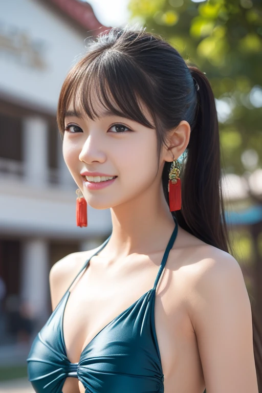 ((China dressSwimwear:1.3)), Swimwear, Skin color, big , smile, (8k, RAW Photos, Highest quality, masterpiece:1.2), masterpiece, super detailed, super high quality, (Realistic and photorealistic photography:1. 37), High-resolution RAW color photos, Very delicate and beautiful, highly detailed, 8k壁紙, wonderful, detailed, Very eye, very detailed, very detailed skin, very thin fingers, very detailed nose, very detailed mouth, Perfect Anatomy, Upper Body, 、(China dress:1.3)、Female Band、live、((Upper Body:1.3)), Nogizaka Idol, Korean Idol, idol carving'stop temporarily, 18-year-old, cheap, Cafe, restaurant, Italy, deer, Australia, break ((Upward glance)), ((angle From above: 1. 3)), From above, Looking into the camera,