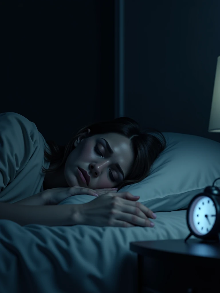 Insomnia scene: A 3D render of a person lying on a bed, with marked dark circles and an expression of frustration, showing that he cannot sleep despite being exhausted. The room is dark, except for a small clock on the bedside table showing 3:00 a.m. 9:16 ratio