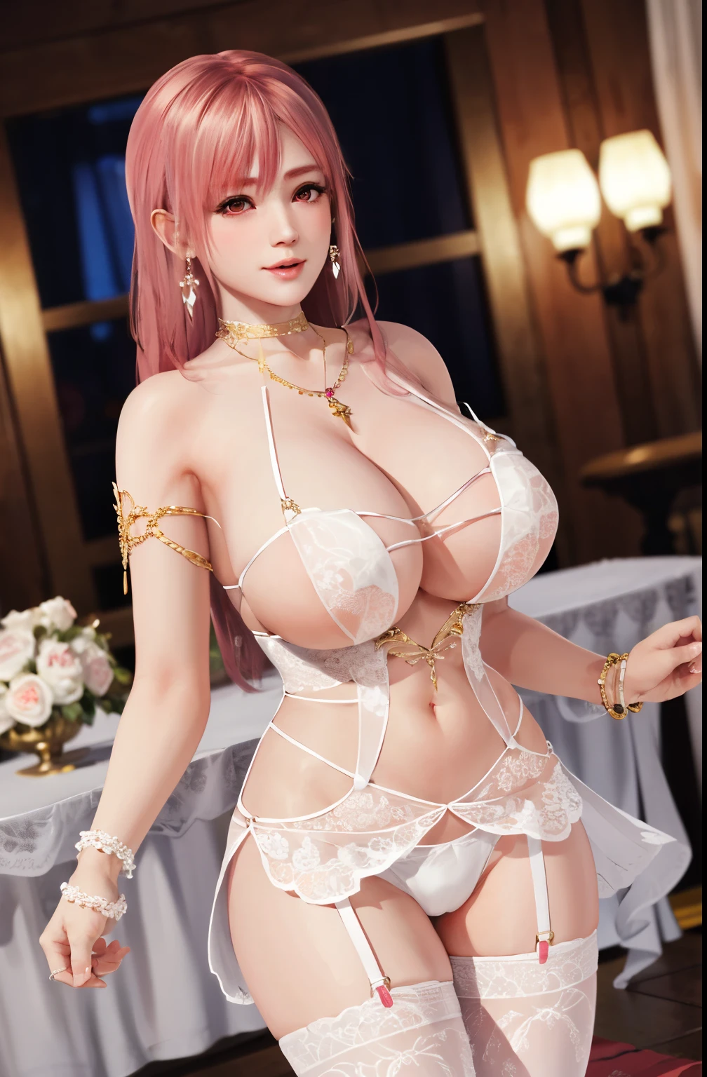 Honoka, bracelet，ring, ，Pink Hair，Huge breasts，Cleavage，Low-cut，white pantyhose，cute，necklace，earrings，Lace，Red lips，shy，cute，Brown eyes，super huge breasts，Leg ring，Jumpsuit，Bodysuit，Lots of meat，miniskirt，Wedding Dress，Wedding Dress装，Wedding dress，Wedding dress帽，Wedding dress手套，Sexy，liquor