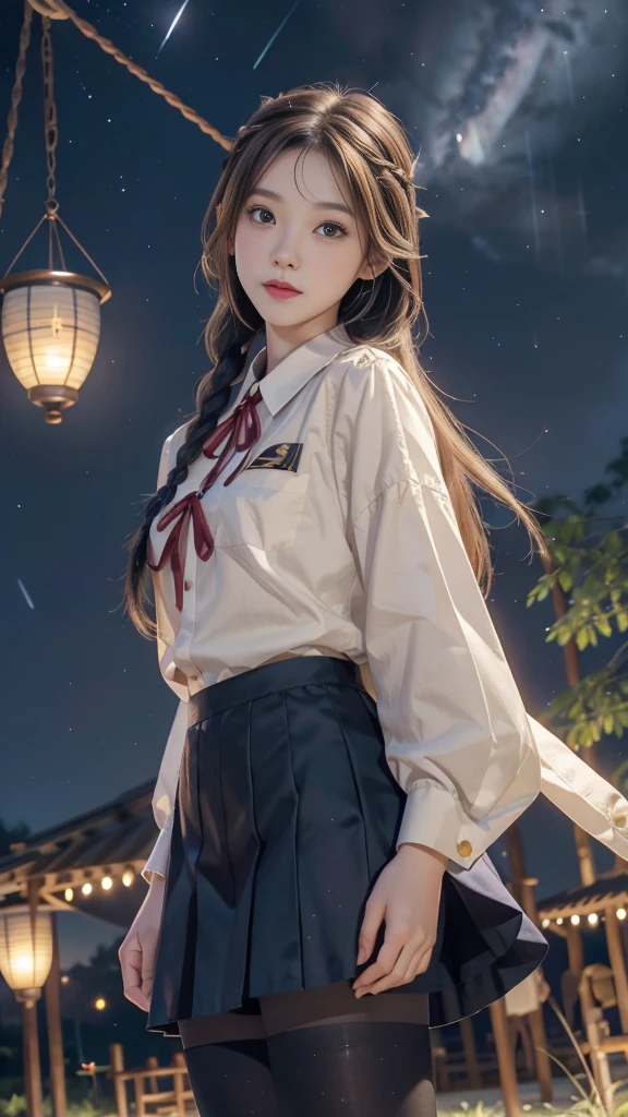 ulzzang-6500-v1.1, (RAW photo: 1.2), (Real photo), (Real photo: 1.4), 1 girl、Perfect anatomy、19 years old、Looking at the camera、Medium length hair、side braids, uniform short skirt, in a surreal royal garden, with many hanging lanterns, under the starry night sky, ((starry night: 1.1))、(Surreal tights: 1.2), (Business service)、Asian eyes Ella,