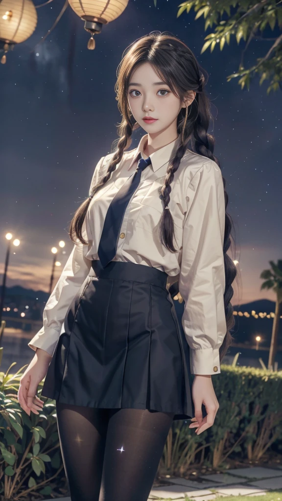 ulzzang-6500-v1.1, (RAW photo: 1.2), (Real photo), (Real photo: 1.4), 1 girl、Perfect anatomy、19 years old、Looking at the camera、Medium length hair、side braids, uniform short skirt, in a surreal royal garden, with many hanging lanterns, under the starry night sky, ((starry night: 1.1))、(Surreal tights: 1.2), (Business service)、Asian eyes Ella,
