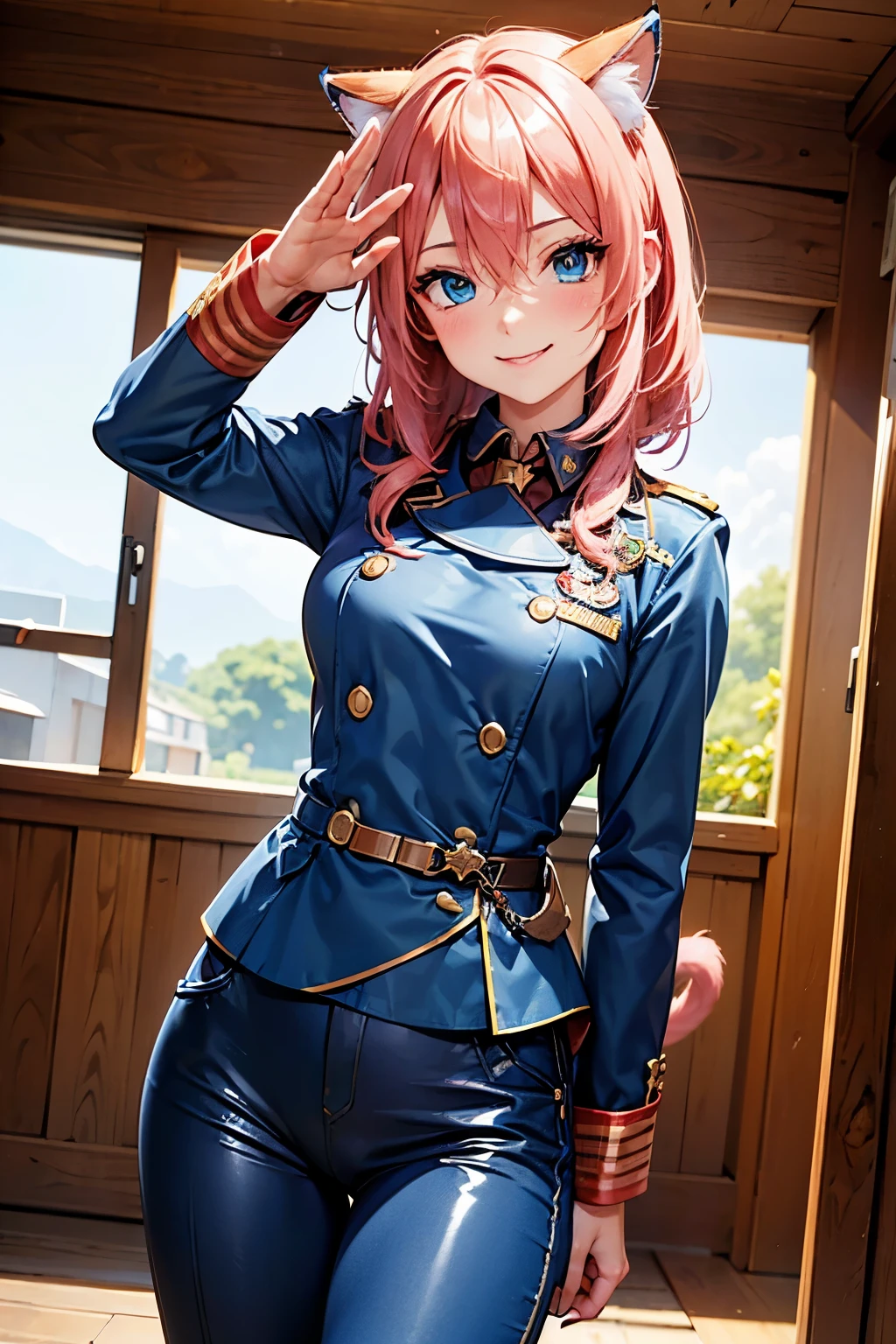 best quality, (masterpiece:1.3), absurdres, highres,16k, ultra high res, official art, illustration, extremely detailed, 1girl, solo, 
delicate lines tailed face, (medium hair:1.2), (hair between eyes:1.5), (cat girl), cat tail, (beautiful pink hair:1.2), (shiny hair:1.2), (beautiful blue eyes:1.2), (shiny eyes:1.2), (jitome:1.5), (small breasts), (gleaming skin:1.4),

(cowboy shot:1.5), 
standing, forced smile, salute
(military uniform:1.5), long pants, 
military house,
