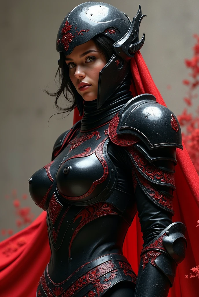 Imagine a woman in elegant and sturdy black armor, with details and accents in red tones that stand out in contrast with the black. The armor could have a stylized design, perhaps with red engravings or patterns that add a touch of sophistication and aggressiveness. The woman may have a helmet that leaves her face partially visible., with a determined expression
