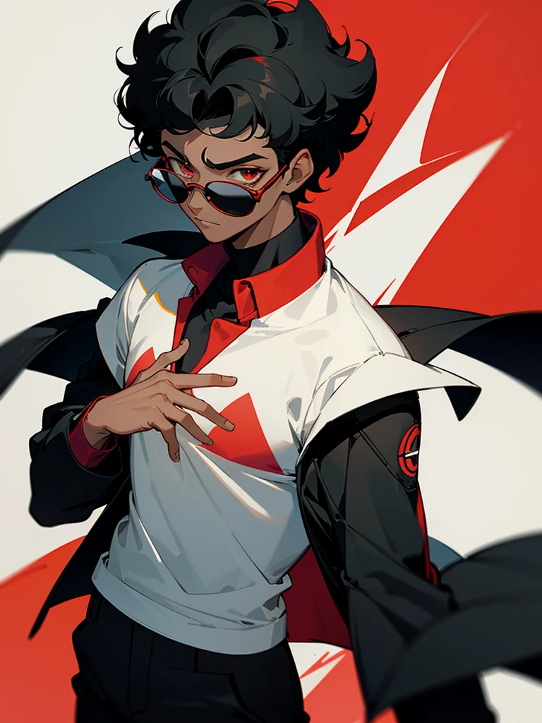 Image of a dark-skinned boy with short curly black hair, and with black glasses, wearing a red shirt and a black jacket with white lines, with design based on the style of a pokemon trainer.