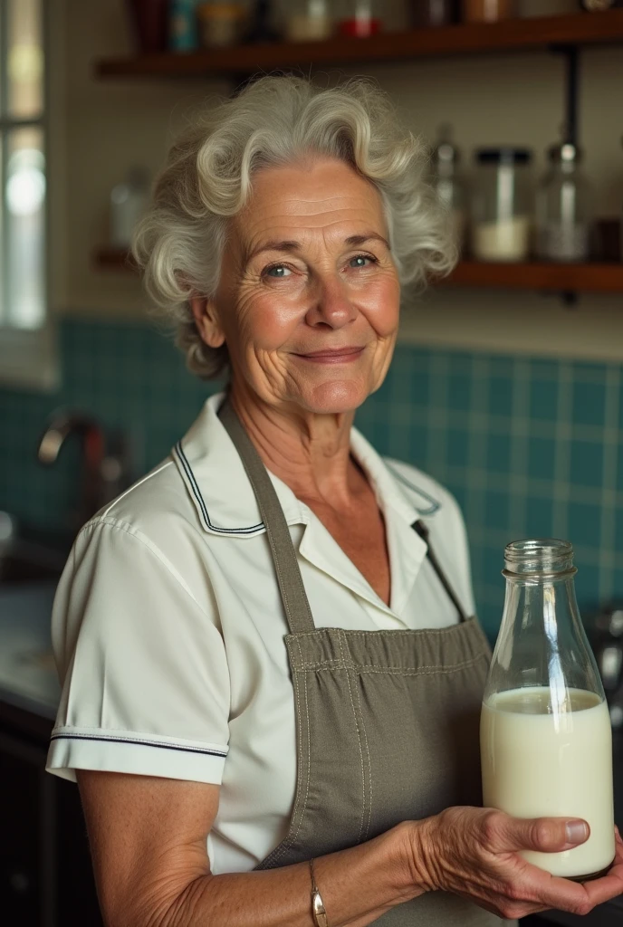 old lady, Owner of a milk business, 50s, realistic photo