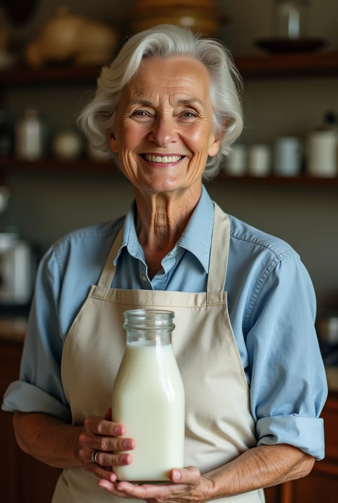 old lady, Owner of a milk business, 50s, realistic photo