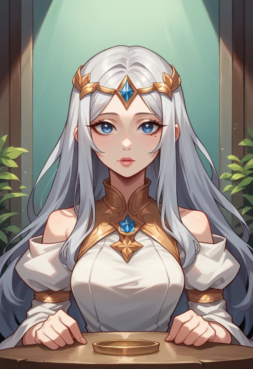 edelgard_hopes, hair between eyes, ahoge, light purple eyes, white hair, star \(symbol\), hair ornament, dress, cleavage, bare shoulders, collarbone, long white elbow gloves, white gloves, white dress, white choker, strapless, tiara, veil, strapless dress, wedding dress, bridal veil, beautiful woman, perfect body, perfect breasts, wearing a wedding dress, ball gown, in the park trees, wedding decorations, a in love smile, realism, masterpiece, textured skin, super detail, high detail, high quality, best quality, 1080p, 16k