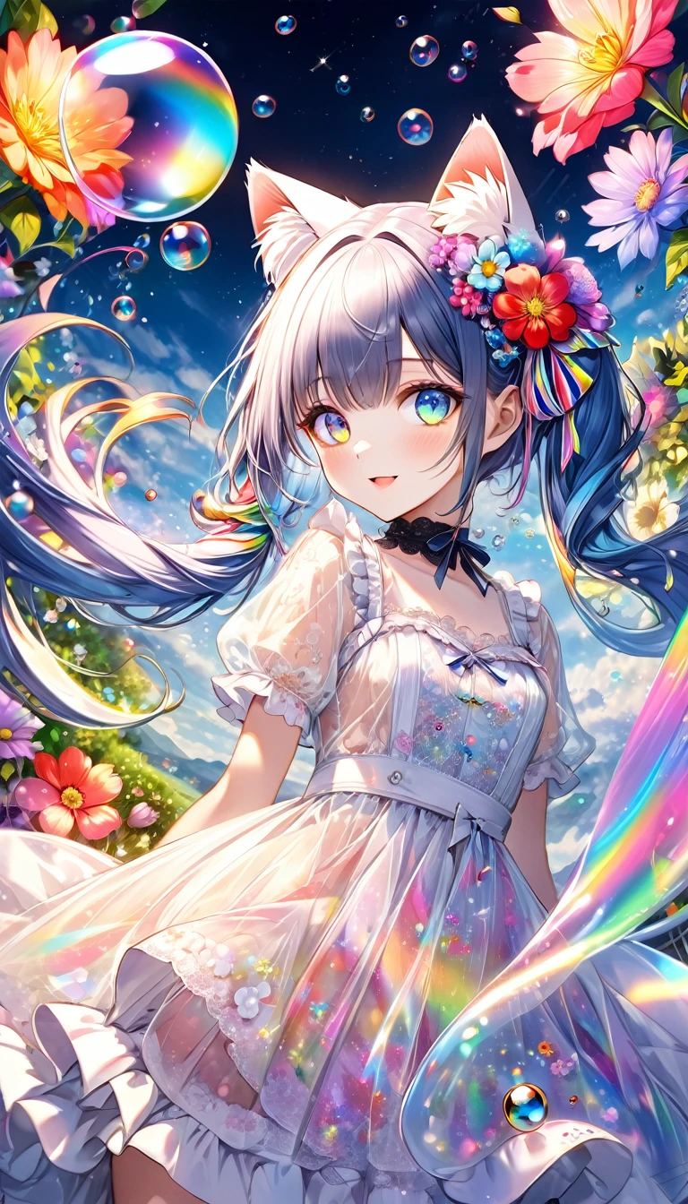 (((masterpiece))), (((Highest quality))),((Ultra-detailed)), A fusion of watercolor and oil painting, Psychedelic world, Watercolor splash,Very colorful tones, Commemorative photo, White Dress、super precision embroidery, See-through lace, ribbon, see-through frill,cute, beautiful girl, Lolita, 15-year-old girl, 1 cute girl, (Look forward), (Looking at this), (Very delicate and beautiful face), (Beautiful eyes in every detail), ((((Heterochromia Iridum - Red and Blue Eye Color)))),Through the bangs, Shiny dark blue hair,Twin tails, Beautiful attention to detail, Beautiful lip detail, Highly detailed face, Attractive eyes, Long eyelashes, smile, Open your mouth a little, Cat ear, 髪の色と同じ色のCat ear,One Girl, ((The most beautiful girl of all time))),Digital Art, pastel colour, ((Use the rainbow as your main color)),Vibrant colors,fantasy art pieces,dream-like,Mythical fantasy with rainbow accents,Fairytale Fantasy,(((Colorful flowers))), (((Translucent rainbow))),Rainbow gradient,Subtle iridescent details,Gives off an aura of magic,Exquisite detail,Heavenly, Flowers,((Upper body close-up)),Soft lighting, Cinematic, romantic, baby doll、Framing above the chest, Colorful gel background, Fractal Floral Background, Soap bubble, Sparkling, Sparkling, Small faint lights and flying fireflies, star, 流れstar,crystal,Lolita, Perfect lighting, Sharp focus, High resolution, High resolution,High color rendering, High resolution