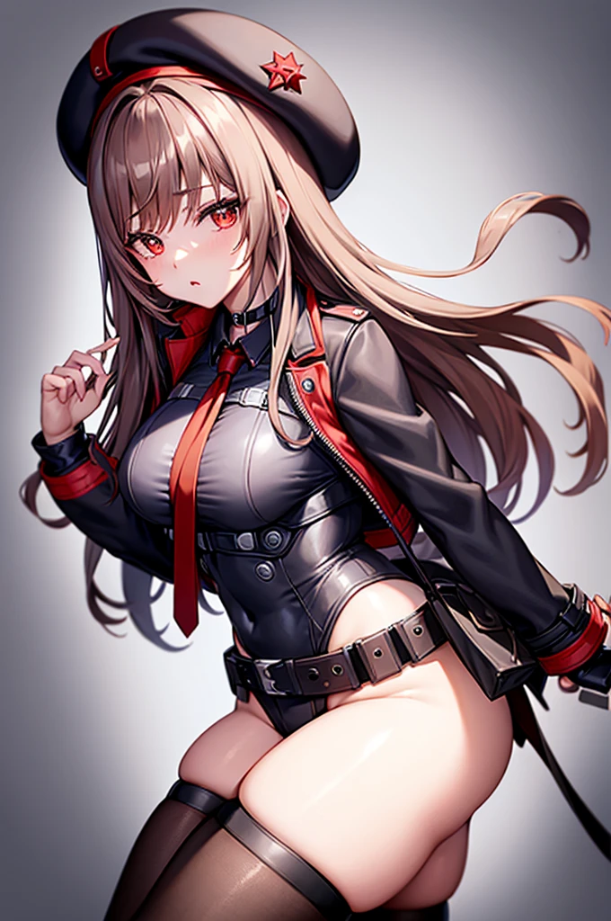 Lapininike、beltPouch、hat、Brown Hair、黒いhat、Red tie、beret、Close your mouth、クロップドJacket、Viewer Perspective、choker、Red Bag、Thick thighs、Jacket、standing、 ブラウンのThigh-high socks、オープンJacket、黒いJacket、Pouch、弾薬belt、Thigh-high socks、Open clothes、黒のleotard、solo、Hair length、For women、Adult women、White Background、belt、Cowboy Shot、黒いchoker、Red eyes、Huge boobs、Long sleeve 、leotard、battlefield