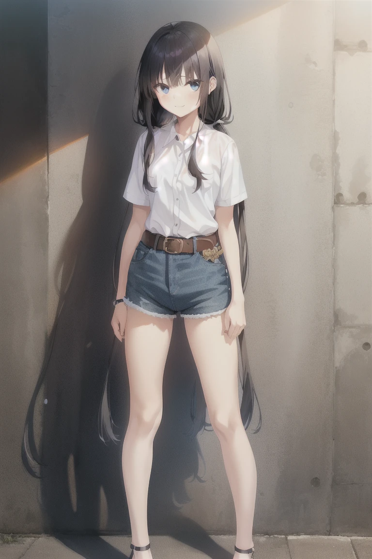 1girl,独奏,small_breasts,long_hair,twintails,Blue_eyes,bionde_hair,very_long_hair,sensitive,closed_mouth,bangs,hair_between_eyes,hair_Good,double_Good,ahoge,smile,独奏,shorts,shirt,outdoors,bag,denim,white_shirt,denim_shorts,brown_hair,sandals,belt,General,sensitive,handbag,long_hair,shadow,wristwatch,full_body,questionable,explicit,whole body, expensive_solve, clear_image, expensive_Contrast, 8k, Sparkling, beautiful_detailed_face_and_eye, (Black Hair:1.25), 白 eye,