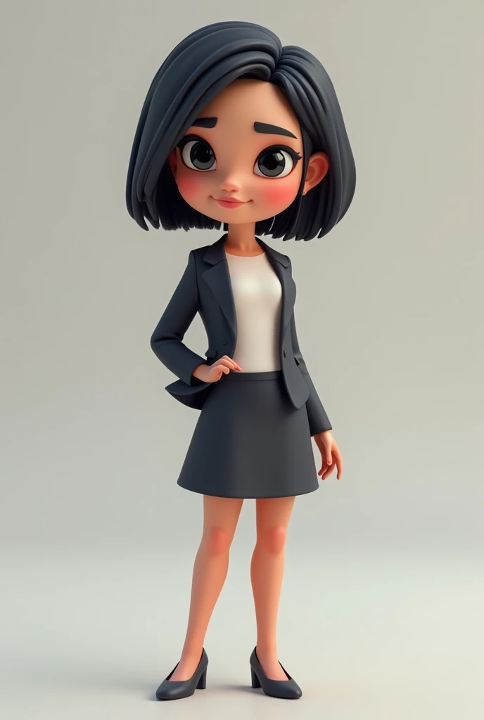 3d cartoon of a woman, short, straight and black hair, black eyes, looking forward wearing formal clothes