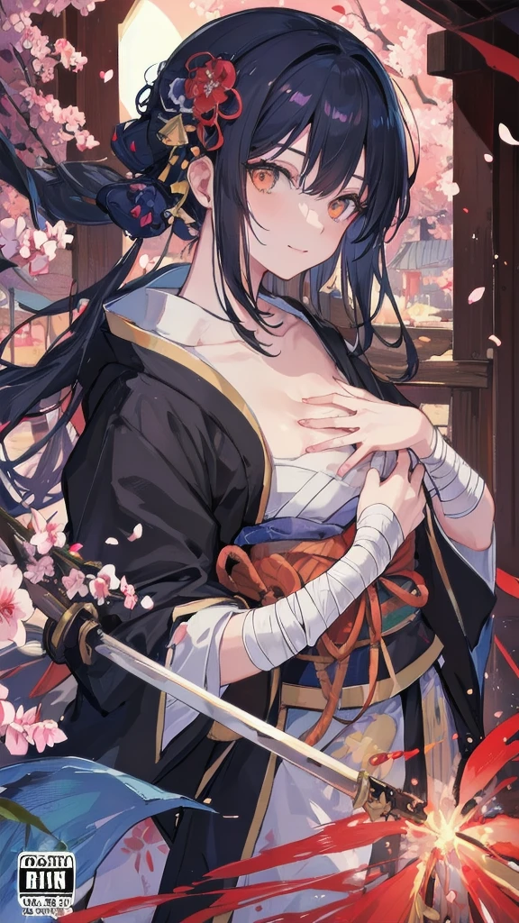 (((((roll up bandage sideways on a chest tightly to cover the chest without gaps))))), (((bandage samweways))),, ((Japanese Gangster BOSS)), adult woman with the dignified presence, Killing Qi, wear nothing around shoulder, wear nothing around neck, wear the kimono, wear it below the waist, (I wind it up to control it, and to attach it), ((kimono come off)) ,wear the kimono multiple times, Bare shoulders and the clavicle, black and gold kimono, put on over jacket of kimono, (holding a japanese sword which shine in purple, The handle of the sword is black, and the blade is gray, long sword), eye fire, low angle, whole body, anime character, Glaring, off sholder, nappropriate smile, Excellent, black blue hair, can see both shoulder, ((long kimono hem)), small face, ((some cherry blossam big tattoo on the arm)), ((background Japanese gate with circlr mark)),muscular,drink sake,fullmoon in the sky, The kimono is spreading,(((ultra-detailed))),super beautiful,Masterpiece,Killing Qi,Intimidation,zoom up, a person,Selfish person,in japanese veranda