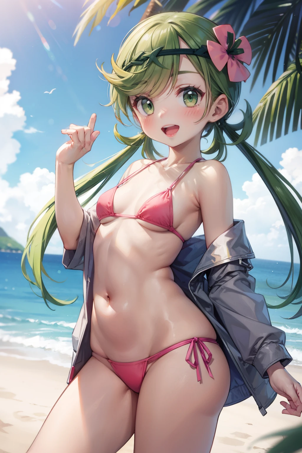 (Masterpiece), Best Quality, ultra-detailed, 1girl (zodiac_mallow, lovely small breasts, dark skin, green hair, long hair, twintails, headband, pink flower in hair, green eyes), a bright face,  smile, open mouth, solo, green  parkas, pink frill bikini, outdoors, beach, standing, Sexy waist teasing , a provocative pose 