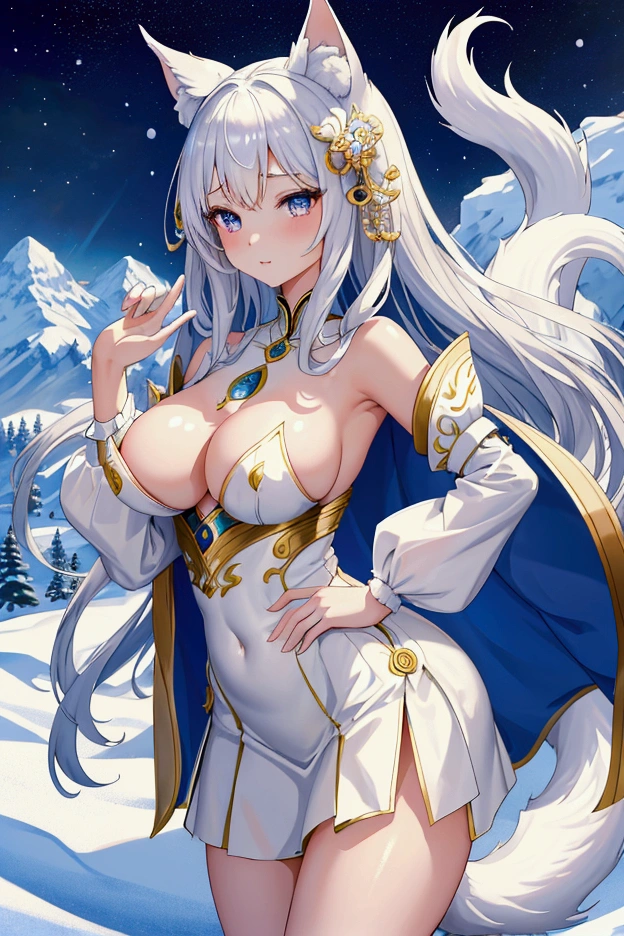 Highest quality, masterpiece, Ultra-high resolution, female、獣族のfemale王、Big Super Boobs、Tied waist、White skin、Snow Fox Beastman、Kemomimi、tail、single、Clothing that accentuates the contours of the body、Short skirt、valley、fascinate、Hands on hips、Confident
