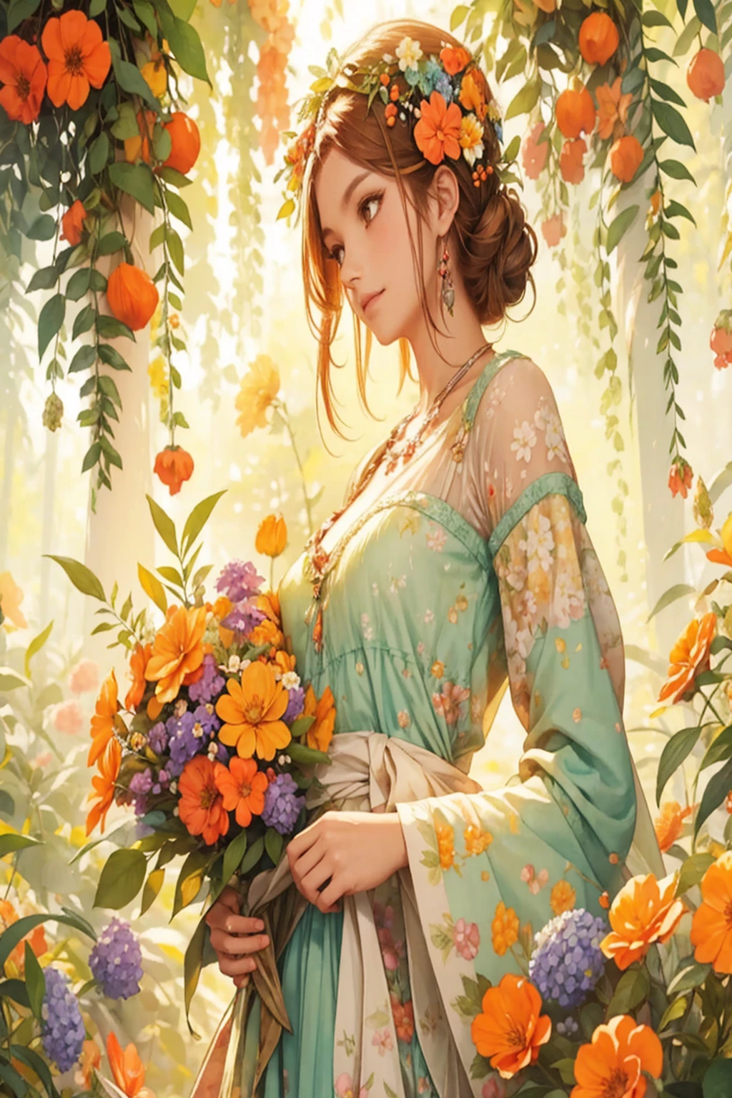 a watercolor pattern featuring an enchanting array of Wonderland-inspired flowers, including orange blooms, berries, ferns, and delicate leaves. Use calm, harmonious colors that blend seamlessly on a textured watercolor paper background. The base color should be a rich #3b4195, creating a serene and magical atmosphere that ties all the elements together.
