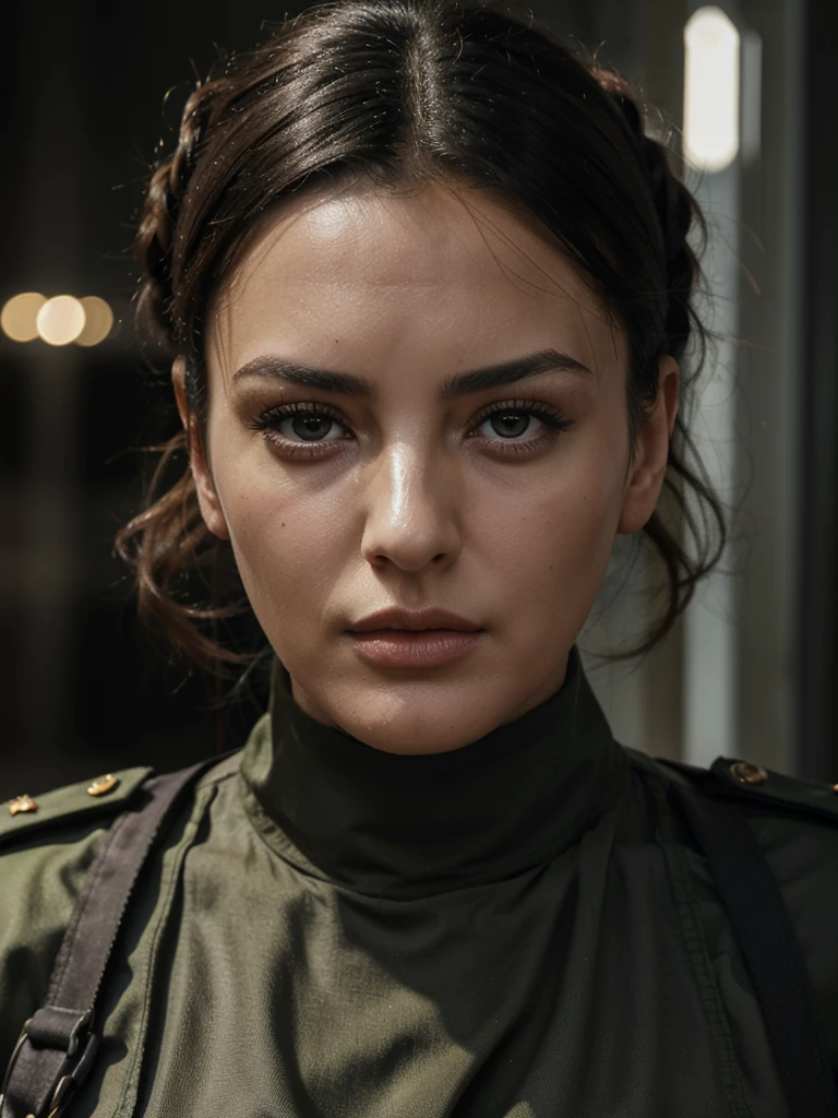 monica bellucci, military uniform, hair tied up, detailed face, beautiful eyes, beautiful lips, lean muscular body, serious expression, dramatic lighting, cinematic, photorealistic, 8k, high quality, hyper detailed