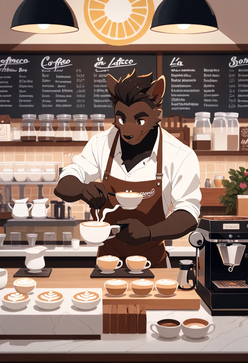 (young male waiter:1.4),(best quality),(awkward:1.2) demeanor, (keyhole cutout shirt:1.5),(grilled cheese, hot tea:1.4), Tea shop:1.2, Cafe, Fluffy Black (Full afro):1.4 hairstyle, Tanned skin, Freckles.