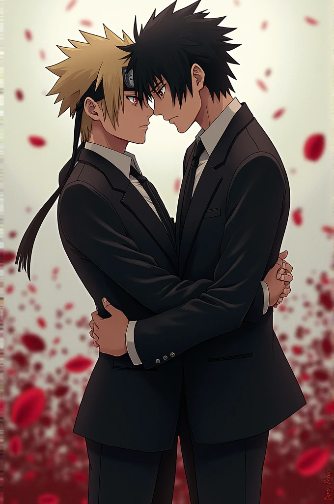 Naruto abrazando and Sasuke, both in suits, with blood splatter details and rose petals