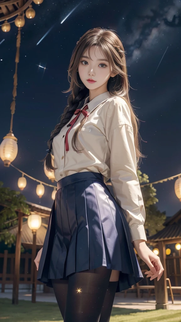 ulzzang-6500-v1.1, (RAW photo: 1.2), (Real photo), (Real photo: 1.4), 1 girl、Perfect anatomy、19 years old、Looking at the camera、Medium length hair、side braids, uniform short skirt, in a surreal royal garden, with many hanging lanterns, under the starry night sky, ((starry night: 1.1))、(Surreal tights: 1.2), (Business service)、Asian eyes Ella,
