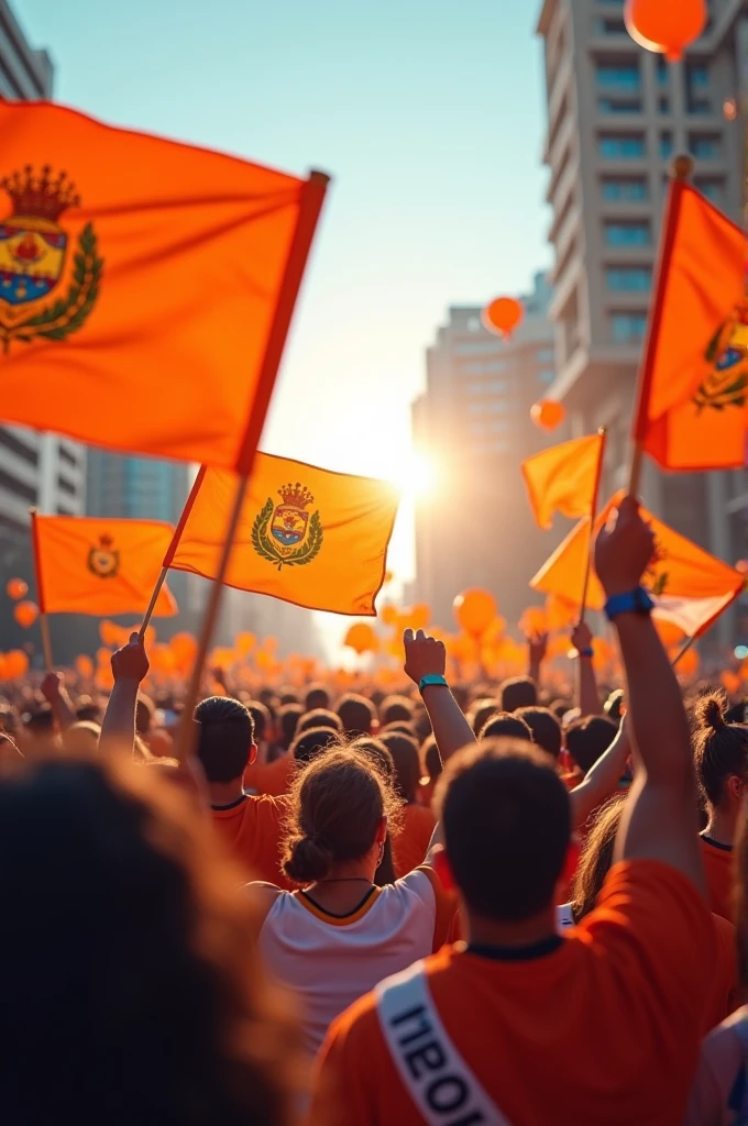 Crowd of people celebrating with orange flags and the PN insignia and Paraguayan flags