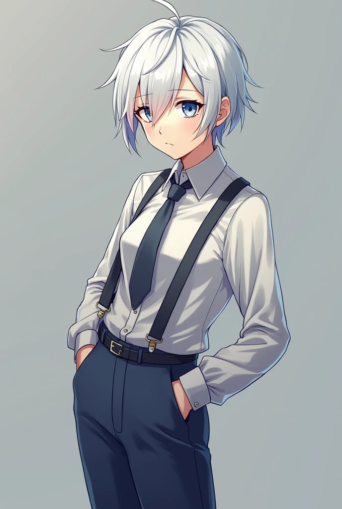 one girl, butler costume, boyish, cool, androgynous, white hair, light blue eyes, 14 years old, cute, trousers, sex, intercourse