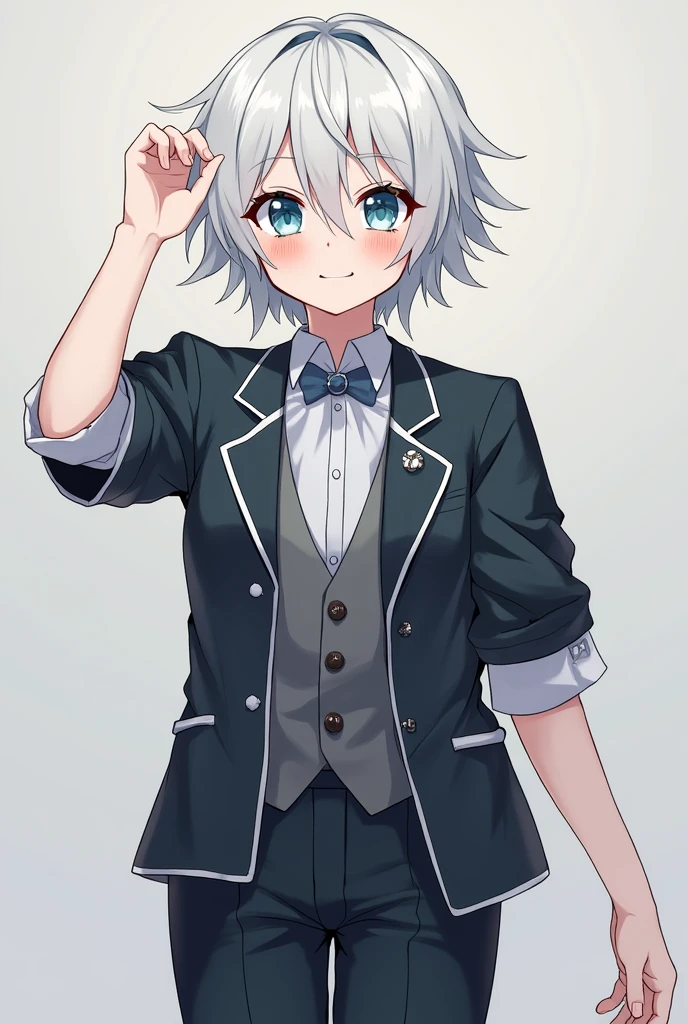 one girl, butler costume, boyish, cool, androgynous, white hair, light blue eyes, , cute, trousers, sex, intercourse