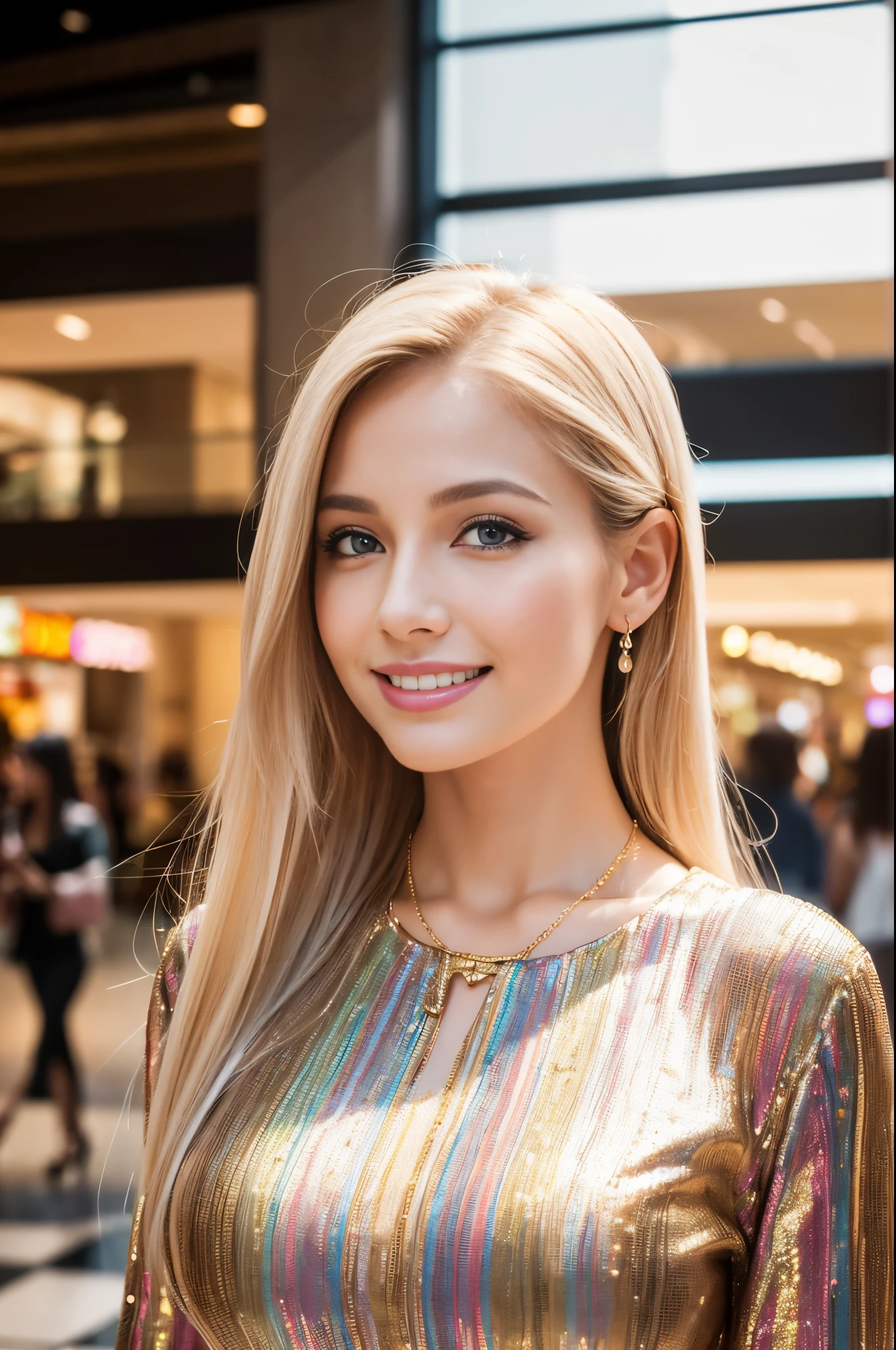 (best quality, 4k, 8k, highres, masterpiece:1.2), ultra-detailed, (realistic, photorealistic, photo-realistic:1.37), closeup, sexy seductive Swedish woman, (happy smile), (small breasts), (slim girl), long lashes, ultra detailed makeup, defined eyebrows, platinum blonde hair, fair skin, elegant posture, wearing large sparkling colorful jewelry, wearing a business style leather dress, standing in a large shopping mall, gentle sunlight shining through the shopping mall windows, casting a soft glow on her face, adding warmth to the scene, vibrant colors, capturing the essence of vibrant city life, portrait style, showcasing her natural beauty and grace in a feminine way