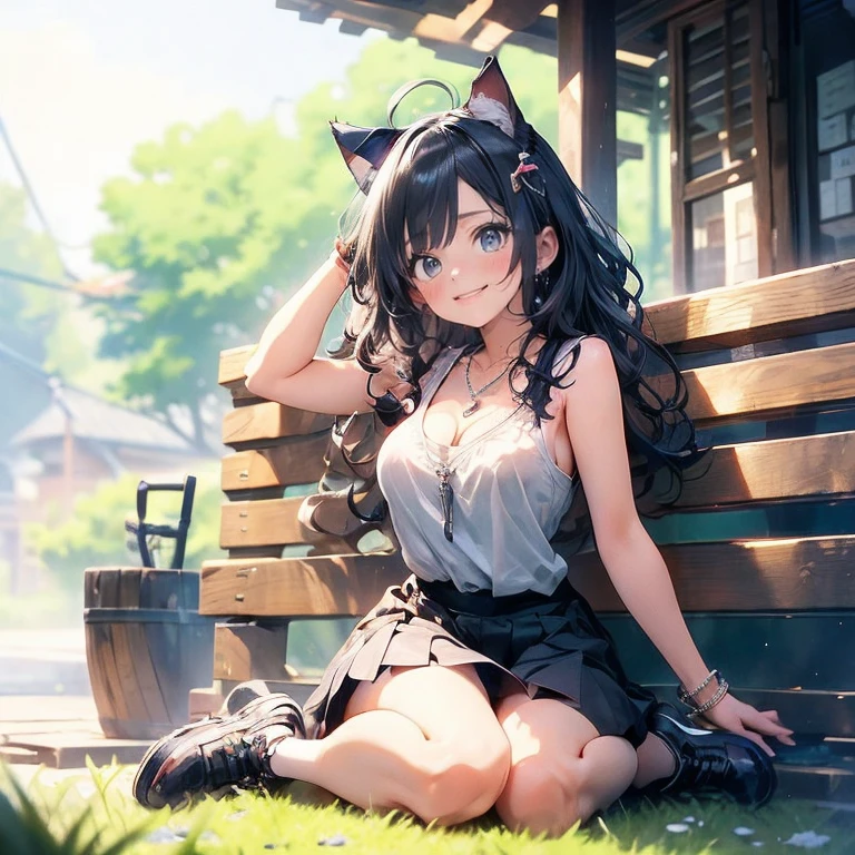 Anime Kawaii sexy Perfect Slim sensual body large breast and huge thighs, An intricate and highly detailed illustration of anime (Young girl) Top view, flirtatious look, sweet smile, right hand arranging her hair, black hair, long, cat ears, silver eyes, defined body, SEX, athletic, casual clothes, sleeveless shirt, white, black skirt, dresser, sitting on the grass, Sunset, view of the town, Comfortable shoes, rattlesnake necklace , hair ornament, colorful, Hi-Def, ultra high quality, anime.