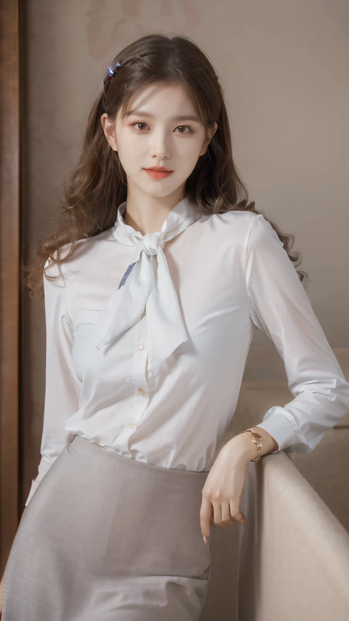 detailed background, masterpiece, best quality, 1 person , curly hair, long hair, purple eyes, star in eye , grey  blouse, long  skirt, grey , grey blouse , beautiful bow, detailed bow, indoor , hair accessories, jewelry, red lips