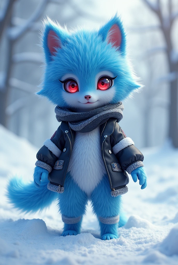 cheered up,change, human girl,whole body, by the width, blue fur,crimson eyes , black and white clothes, short stature,
snowy place background