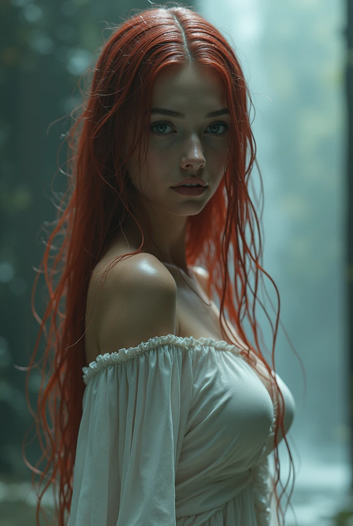 meeting with the mechanical elves overlords (([red|black] hair)), long hair, white formfitting wet cotton dress, drenched fabric, see-through,  look at viewer,  (soothing tones:1.0), (hdr:1.25), (artstation:1.2), dramatic, (intricate details:1.14), (hyperrealistic 3d render:1.16), (filmic:0.55), (rutkowski:1.1), (faded:1.3)