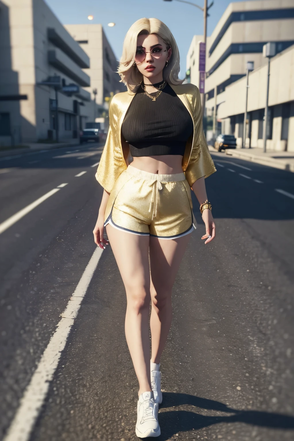 a woman standing, (white and gold robe), (shorts streetwear rosa), gta 5 skin tone, mulher de corpo inteiro, gta v street style, female outfit, ingame image, photo by full body, style of gta v, woman in her mid 20s, crop top e shorts, GTA5 style, ariana grande in gta v
