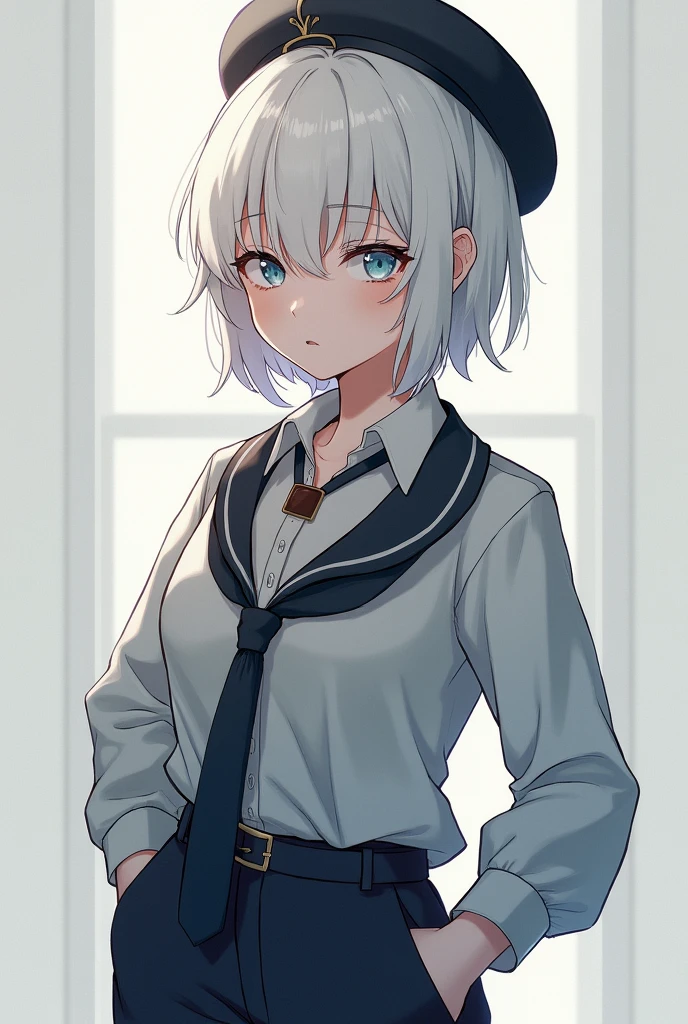 one girl, butler costume, boyish, cool, androgynous, white hair, light blue eyes, 14 years old, cute, trousers, sex, intercourse